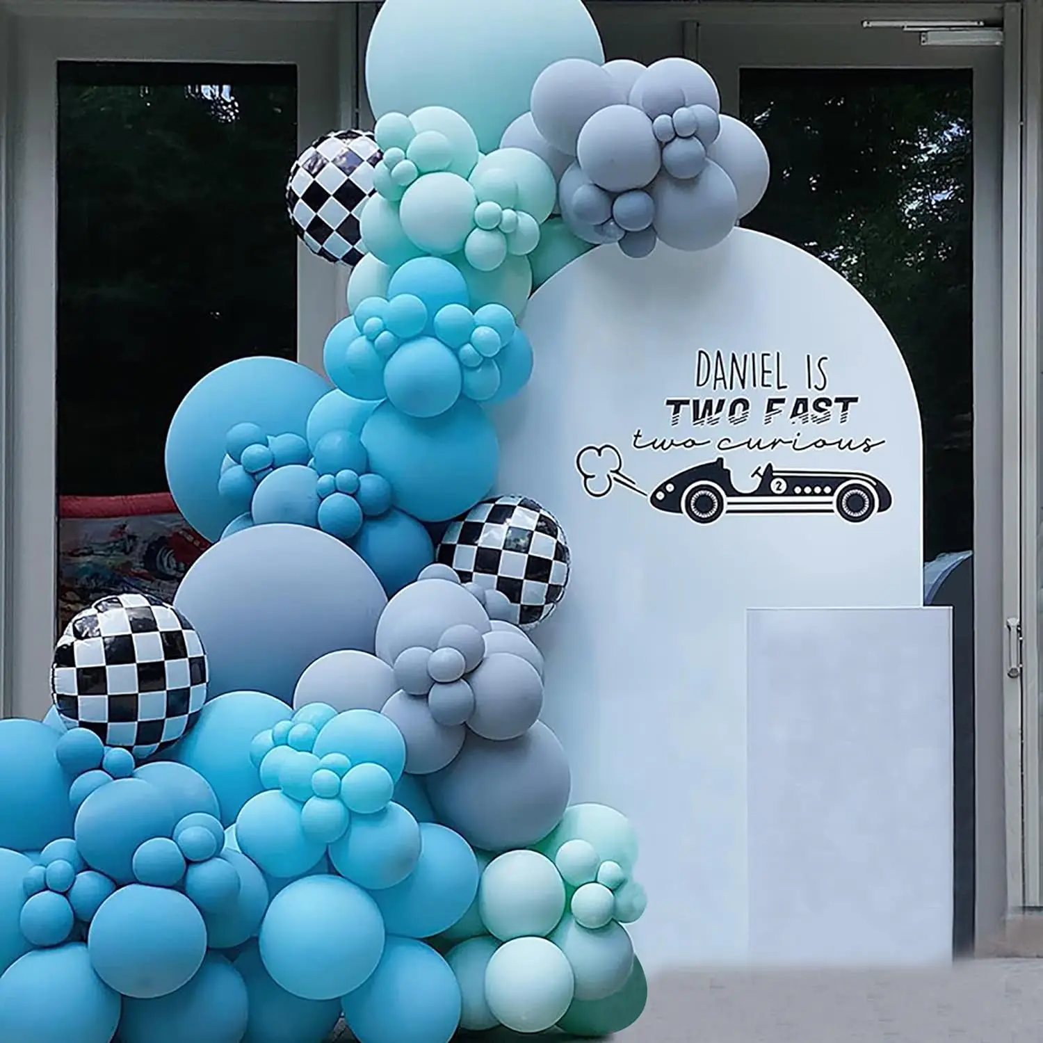 129Pcs Race Car Balloon Garland Blue Grey Latex Balloon Garland Arch Kit Race Car Theme for Birthday Wedding Boys Party Decor