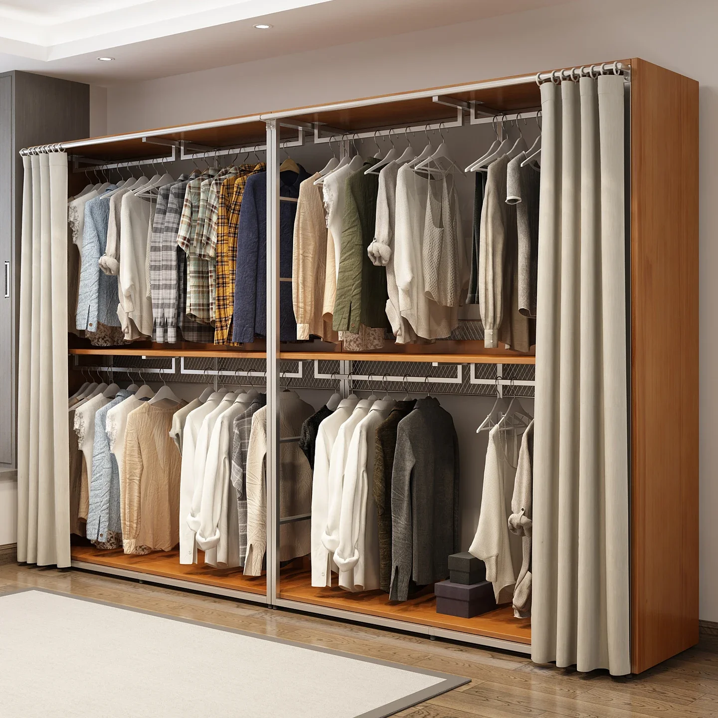Metal wardrobe 2025 new popular bedroom solid wood custom steel frame cloakroom household hanging clothes open curtain