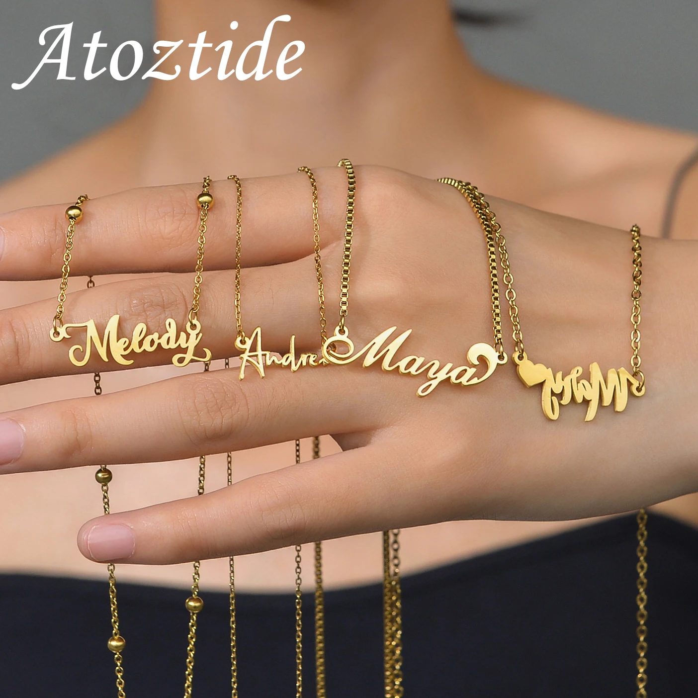 Atoztide Personalized Custom Name Necklaces Pendant for Women Stainless Steel Heart Beads Chain Mother Kids Birthda Jewelry Gift