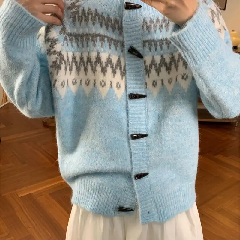 

Fair Isle Horn Button Versatile Sweater Coat Korean Autumn Winter New Jacquard Round Neck Knit Cardigan for Women Round Neck