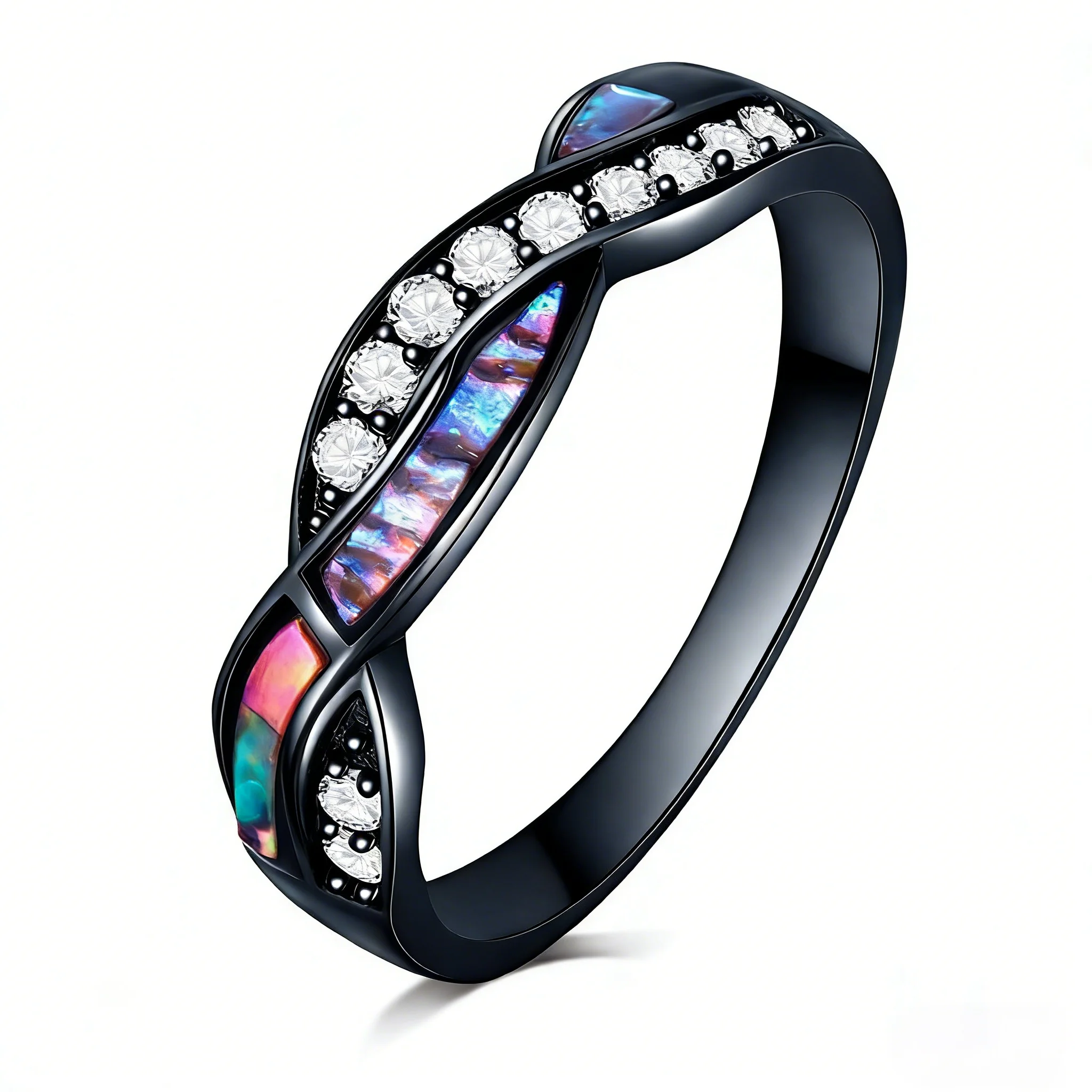 Gothic Abalone Shell Ring for Women,Black Alloy Statement Ring with Mystic Rainbow Inlay,Hypnotic Wave Design Jewelry Gift