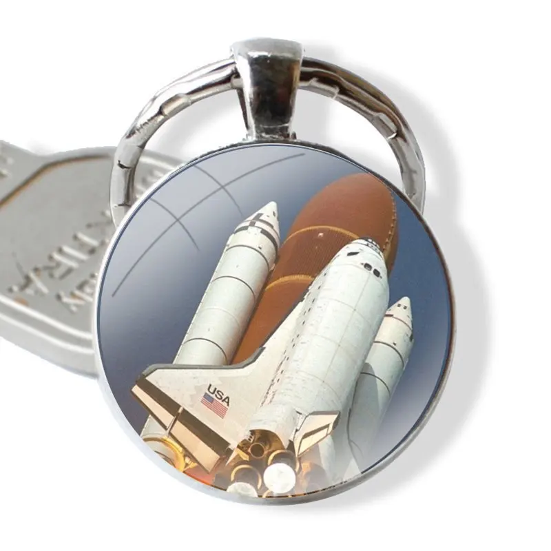 Cartoon Design Creative Fashion Keychain Handmade Glass Cabochon Key Ring Holder Pendant Key Chains Space Shuttle Launch