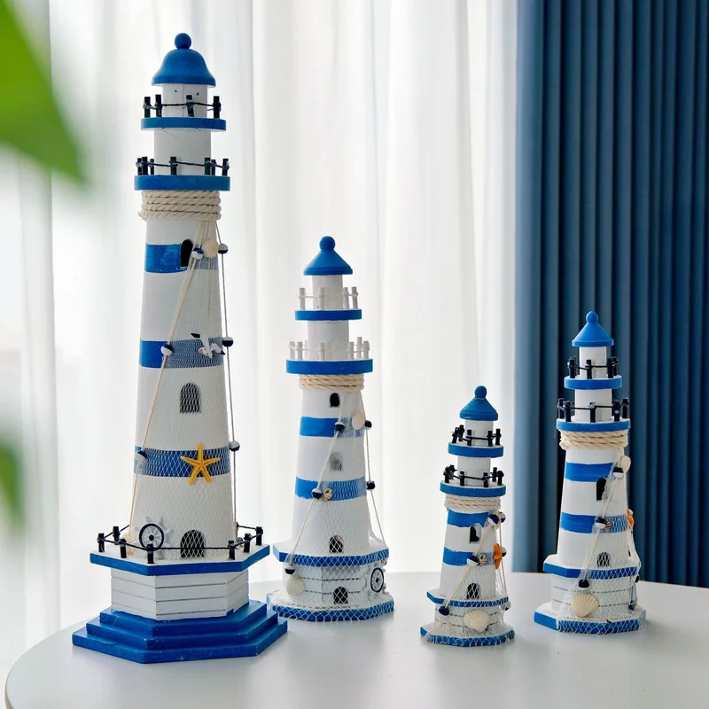 Wooden Double Layered Lighthouse Figurine, Observation Tower Nautical Themed Mediterranean Style Rooms Home Tabletop Decor Gifts