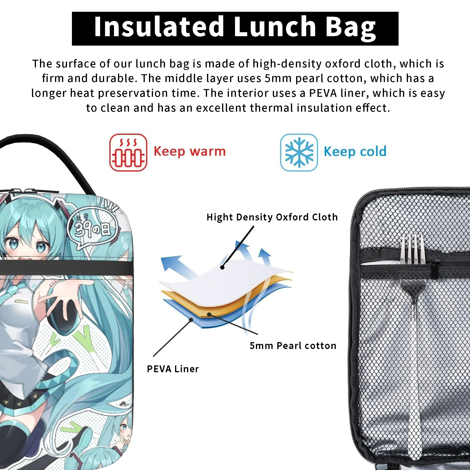 Hatsunes Mikus Vocaloid Anime Thermal Insulated Lunch Bags for Picnic  Portable Food Bag Cooler Thermal Food Box view 3