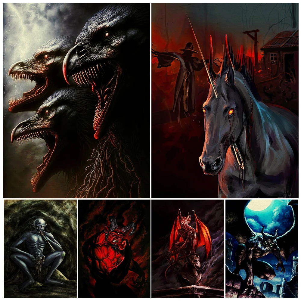 Ghoul And Demons In The Dark,Vintage Wall Art Canvas Painting Undead War Horse & Three Headed Demon Bird Art Poster Print Decor