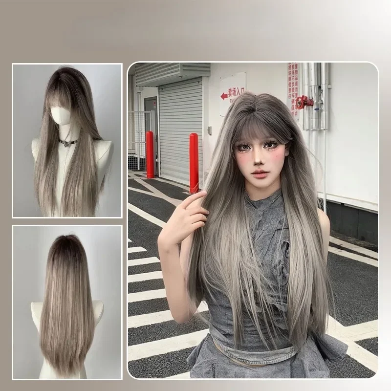 Long Silky Straight Synthetic Ombre Wig with Bamgs Cosplay Lolita Wigs for Daily party Women Natural Heat Resistant wigs