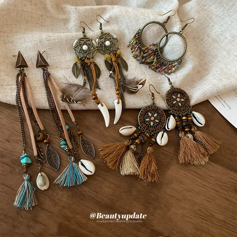 Böhmischer Vintage-Ohrring mit Quasten, Retro, exotisch, ethnisch, Perlen, Urlaubsstil, niedlich, modisch, lange Hängeohrringe, Sommer-Accessoires