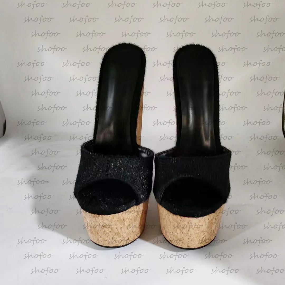 Buty SHOFOO moda damska wysoka klapki na obcasie. Jasny jedwab sierść konia. Około 20 cm wysokości pięty. Kliny na obcasie slipper.34-46