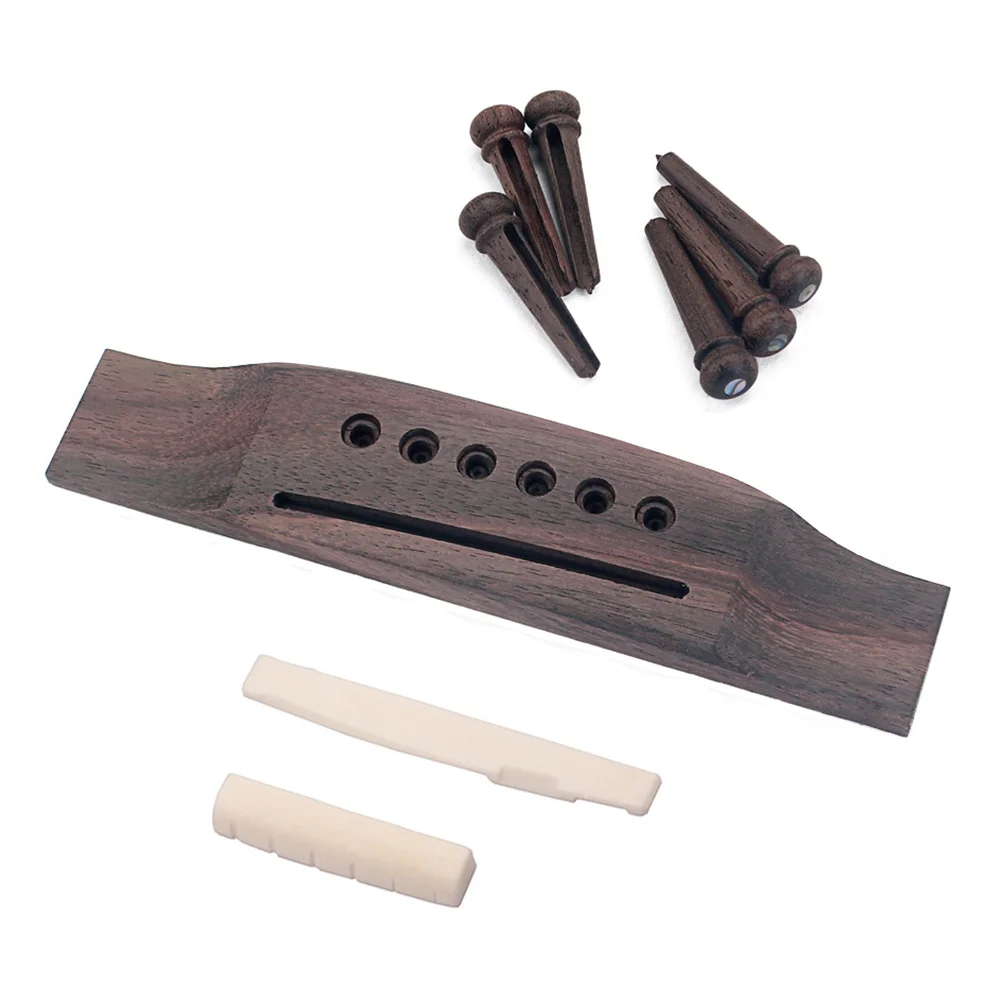 

1 set Shell Dot Wooden Bridge For Acoustic Guitar Bone Nut Saddle Set 6 Wood Pins Coffee Finish Guitar Parts Accessory