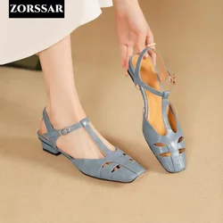 Sandały damskie 2024 New Summer Retro Square Toe Closed Toe Sandals Fashion Female Low Heel Shallow Mouth Shoes Sandalias Mujer