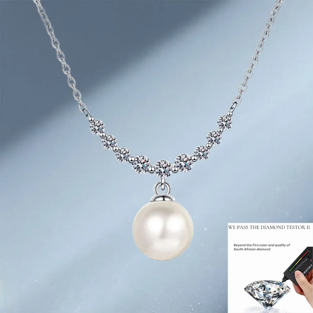 

New Trendy Moissanite 8-9mm Pearl Platinum Necklace for Women, Elegant PT950 Clavicular Chain Pendant Wedding Gift Fine Jewelry