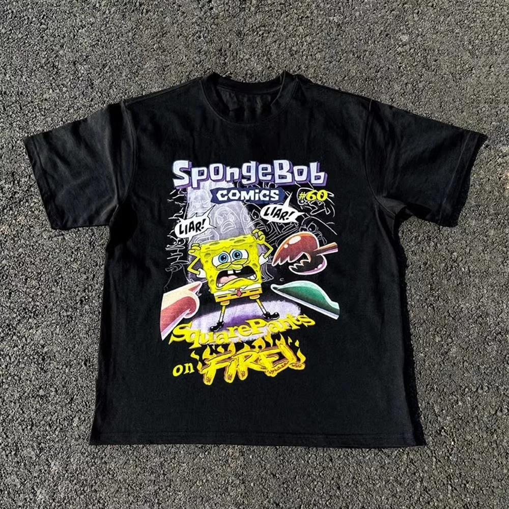 

High Street Trend Cartoon SpongeBob SquarePants American Short Sleeve T-Shirt Summer Loose Casual Cotton Top Harajuku Y2K