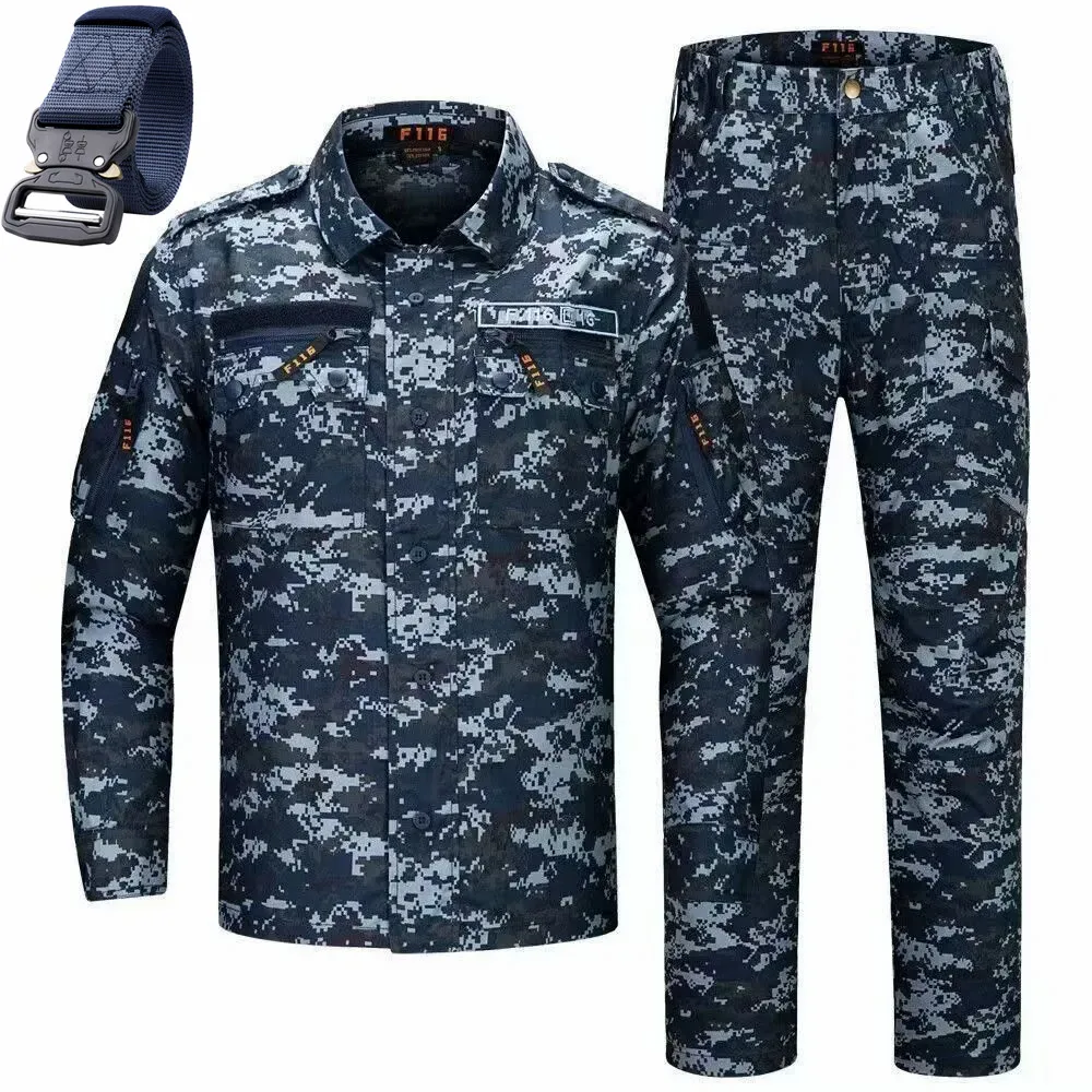 New Hot Durable and Wear-resistant Men's Camo ACU Uniform 2PC Set Training Wear Security Officer Uniforms Belt