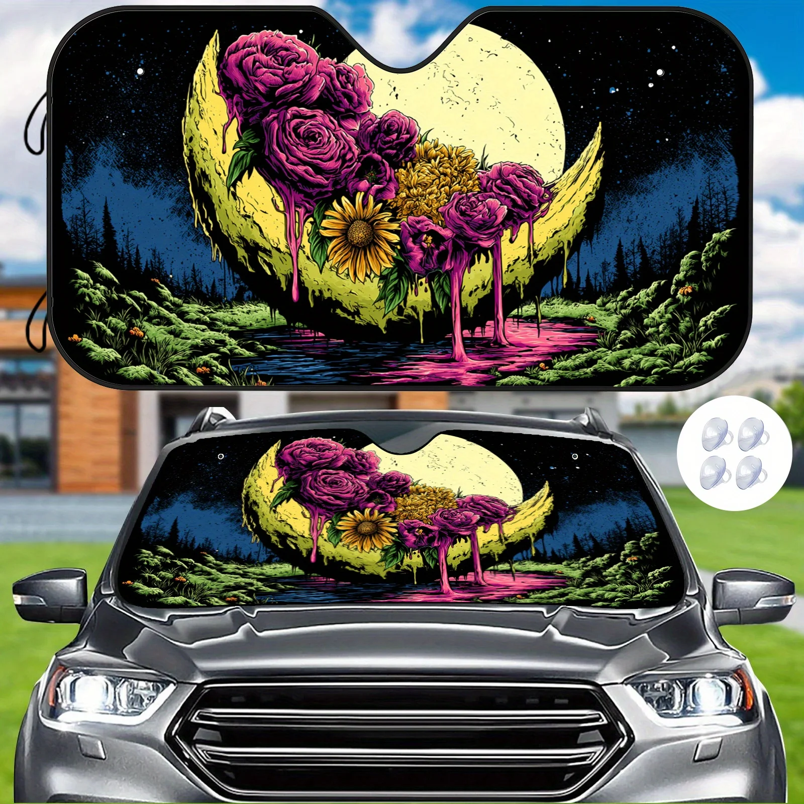 Dreamy Flower Moon Car Sunshade - Featuring Exquisite Floral And Bright Moonlit Night Patterns, With Included Strong Suction Cup