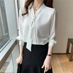 Office Lady Solid Color All-match Elegant V-Neck Shirt Spring Autumn Long Sleeve Stylish Bow Female Korean Loose Chiffon Blouse