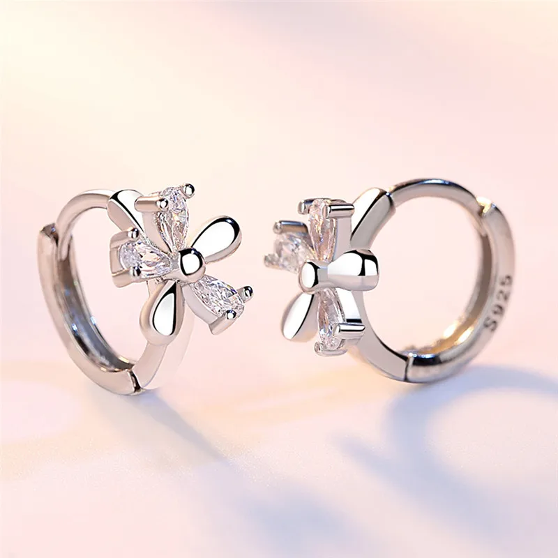 Cute CZ Flower Earrings Fine 925 Sterling Silver with AAA Cubic Zircon Stone Inlay Paved Hoop Loop Jewelry for Women
