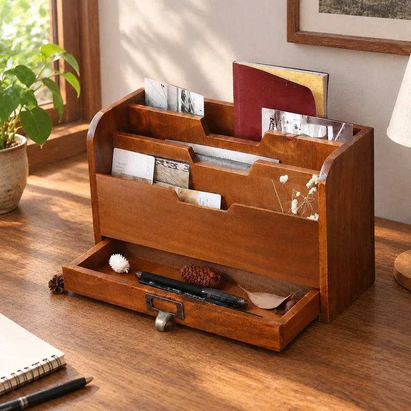 Multi-Compartment Wooden Desk Storage Unit for Office Essentials, Documents, and Kitchen Items