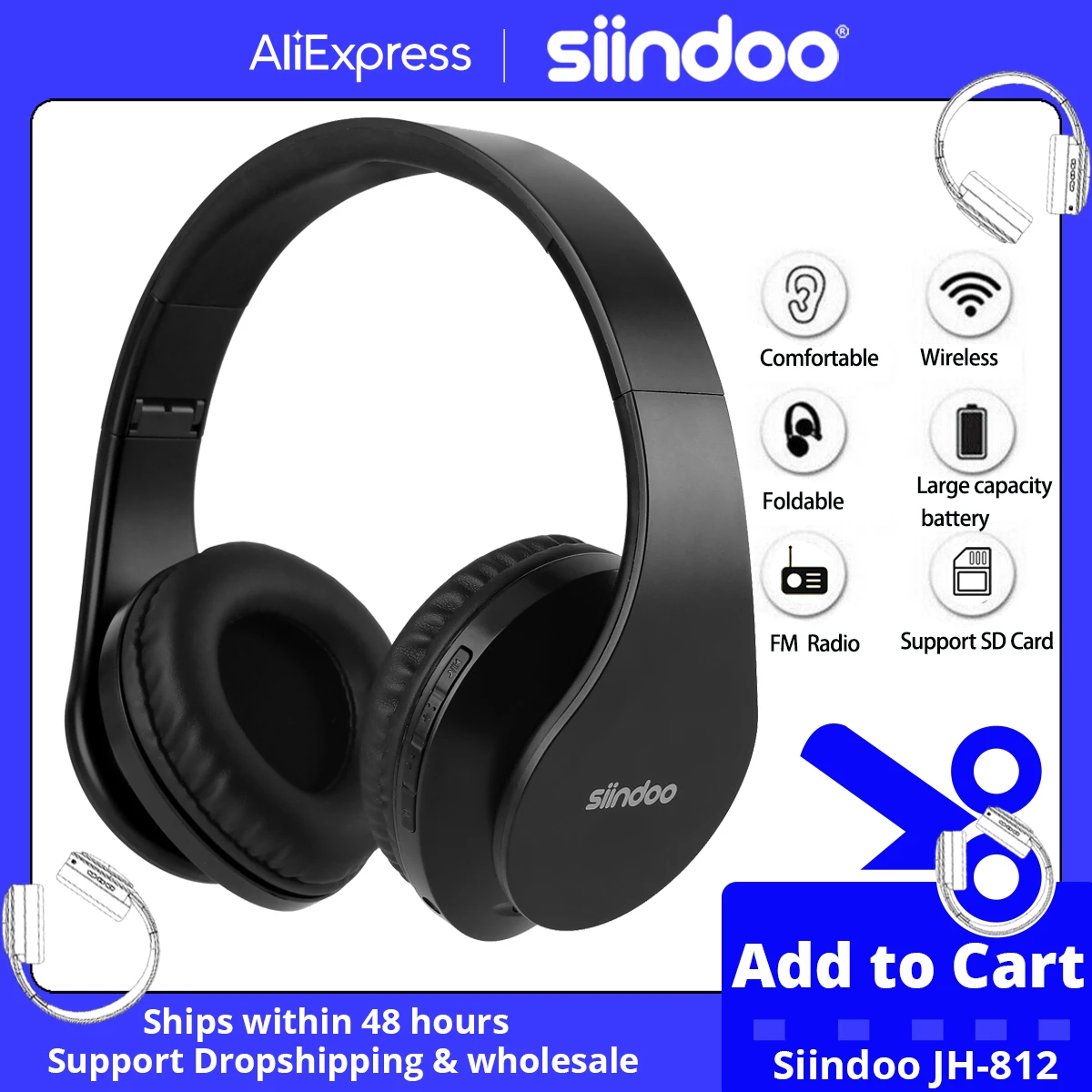 Siindoo JH-812 Black Bluetooth Headphone Foldable Stereo Music Earphones FM and Support SD Card with Mic for Mobile Samsung PC