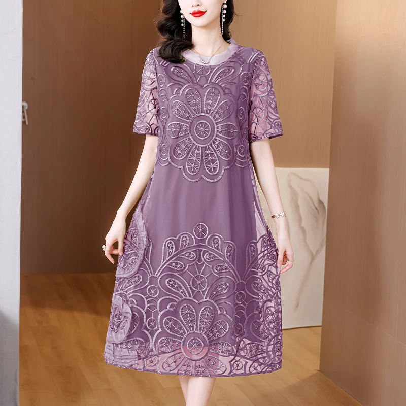 2023 Women's Embroidered Dress Purple Silk Short Sleeve Summer New Long Dress O-Neck Loose Large Over Knee Slim Mesh Splice Robe