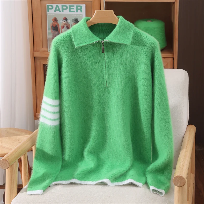 เสื้อสเวตเตอร์แคชเมียร์ขนมิงค์แท้ 100% สำหรับผู้หญิง ปกพับลง ซิปหน้า สวมใส่สบาย อุ่น นุ่ม เหมาะสำหรับฤดูใบไม้ร่วงและฤดูหนาว เสื้อถักนิตติ้งขนมิงค์แคชเมียร์
