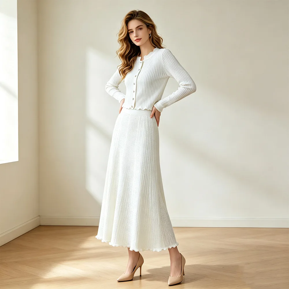 2026 Lady Quality Autumn Solid Suit O-neck Long Sleeve Single-breasted Cardigan A-line Long Skirt Women Ribbed Knit 2pcs