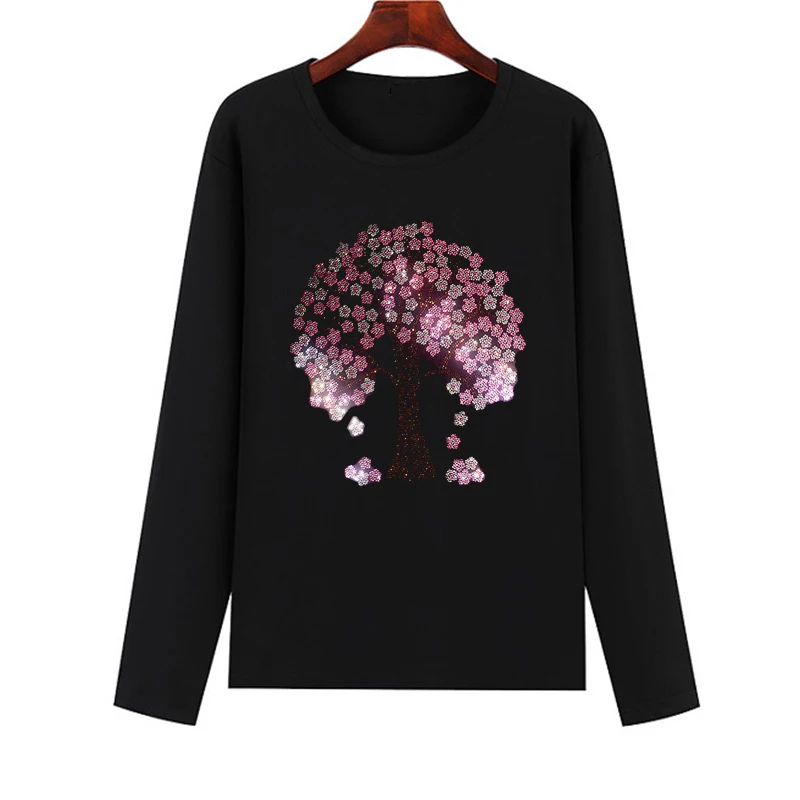 

Women's spring and autumn long-sleeved bottoming casual T-shirt High-quality fashion hot drilling tree flower T-shirt