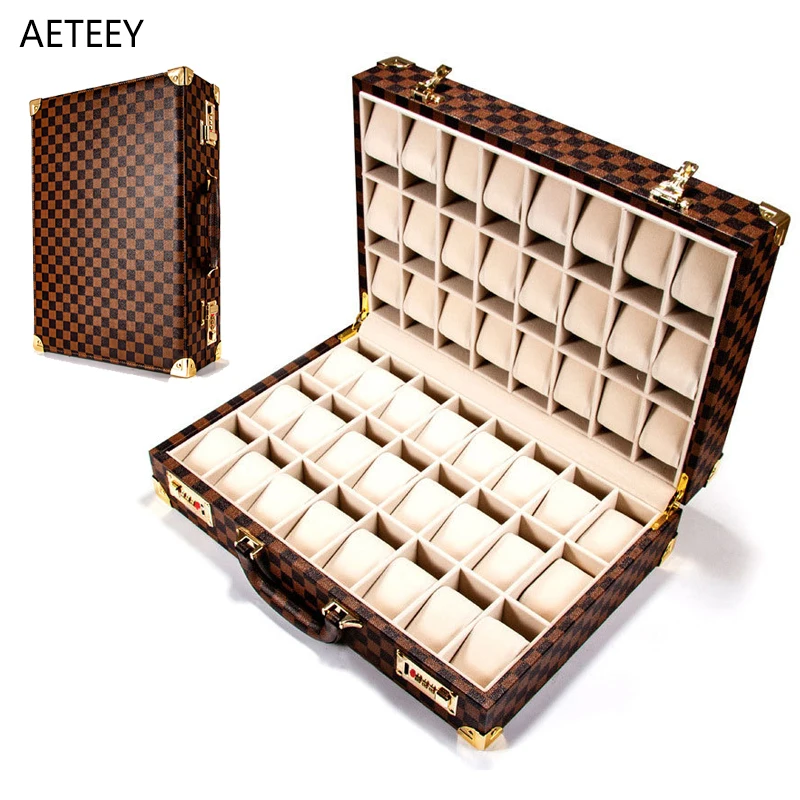 

High-grade Portable Password Watch Cases Plaid Decorative Pattern Business Display Case PU Leather Watch Storage Case CabinetCus