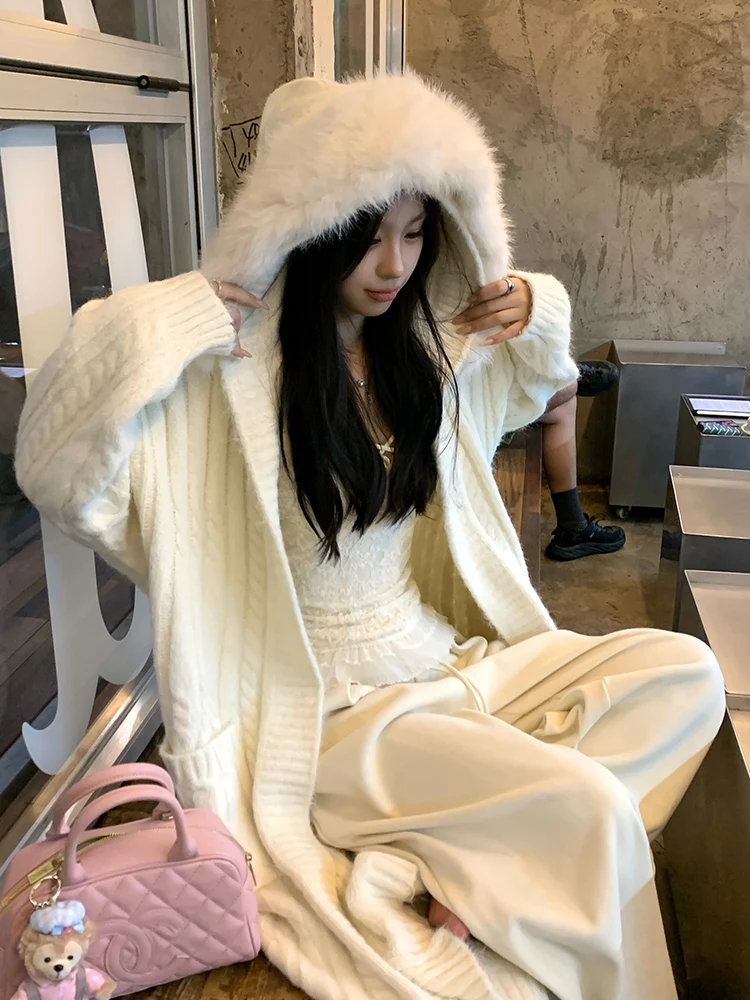 

Adan Long Knitted Sweater Coat Women's Loose Casual Sle Faux Fur Collar Soft Cozy Autumn Winter Faion Breathable Cardigan