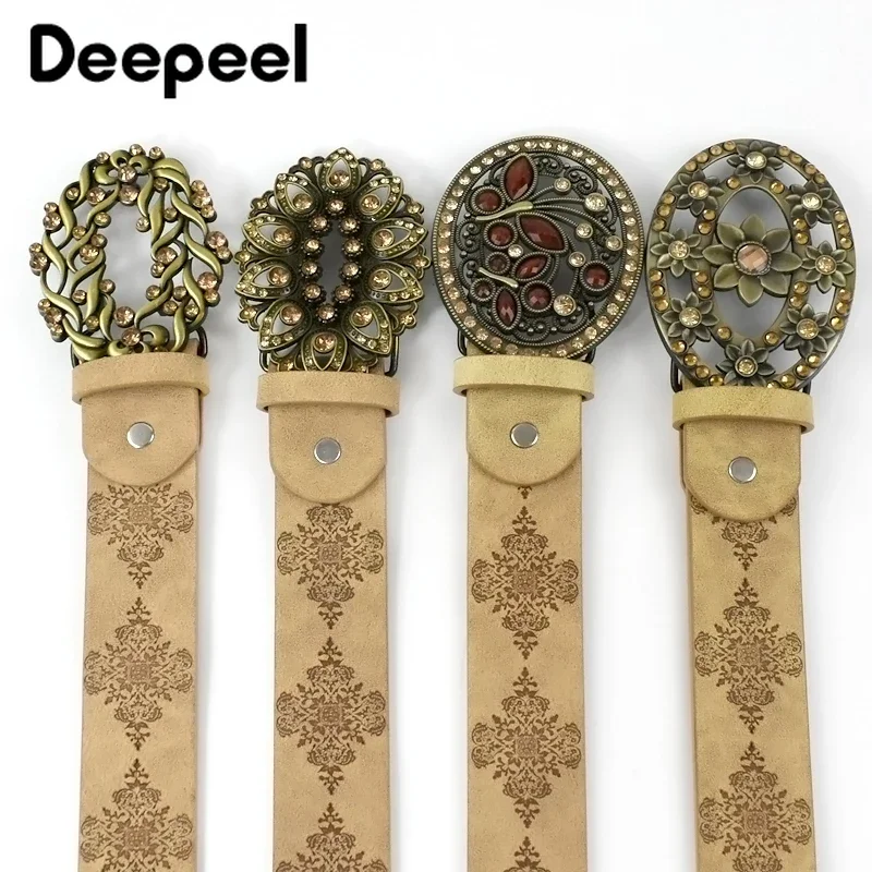 Deepeel 115cm Retro Embossed Women's Belt Luxury Brand Decorative Waistband Rhinestone Buckle Female Waist Corset Designer Belts