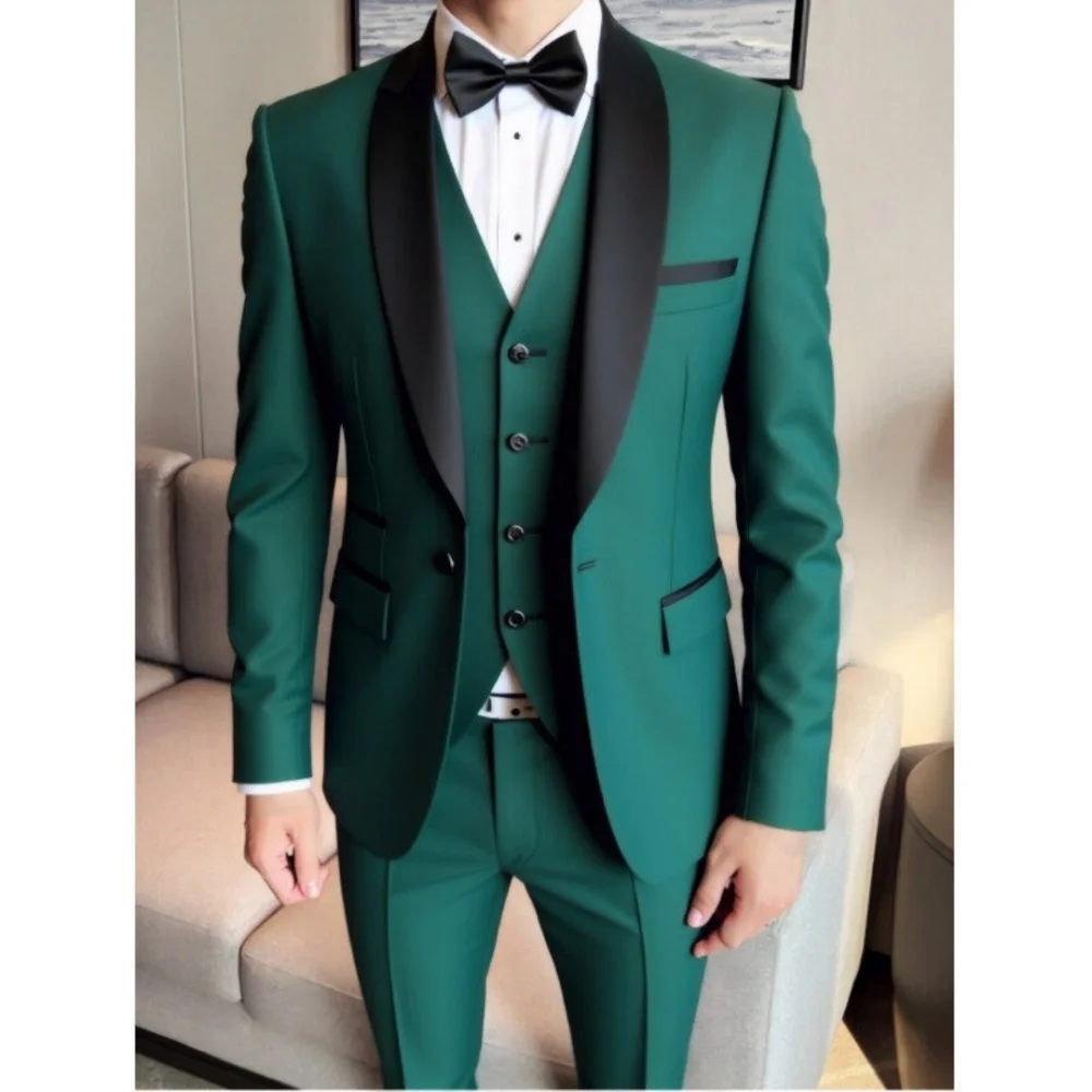 

Slim Fit 3 Pieces Men Suits Elegant Groom Tuxedos Shawl Lapel Blazer Vest Pants Wedding Business Prom Male