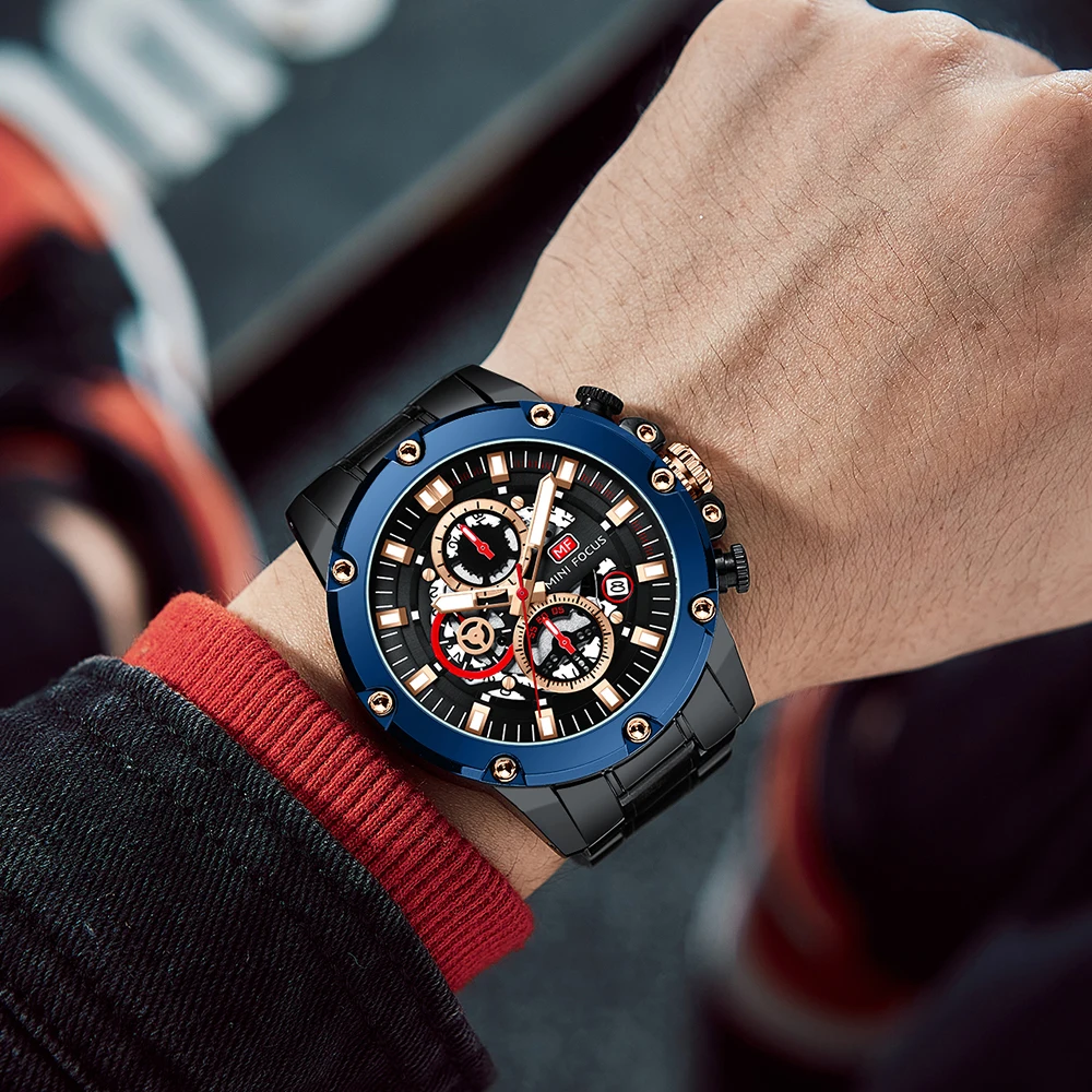 MINI FOCUS Men's Quartz Skeleton Watch Military Style Date Display Stainless Steel Band Sports Casual Business Watch 0398G