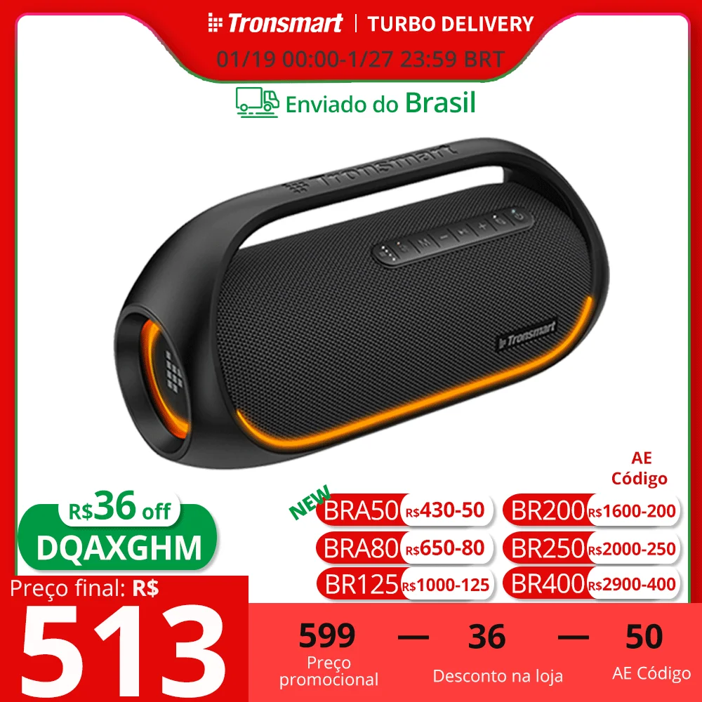 [do Brasil] Tronsmart bang caixa de som bluetooth 60w exterior com bluetooth 5.3, baixo pesado, controle de aplicativos, alça portátil, para festa, acampamento