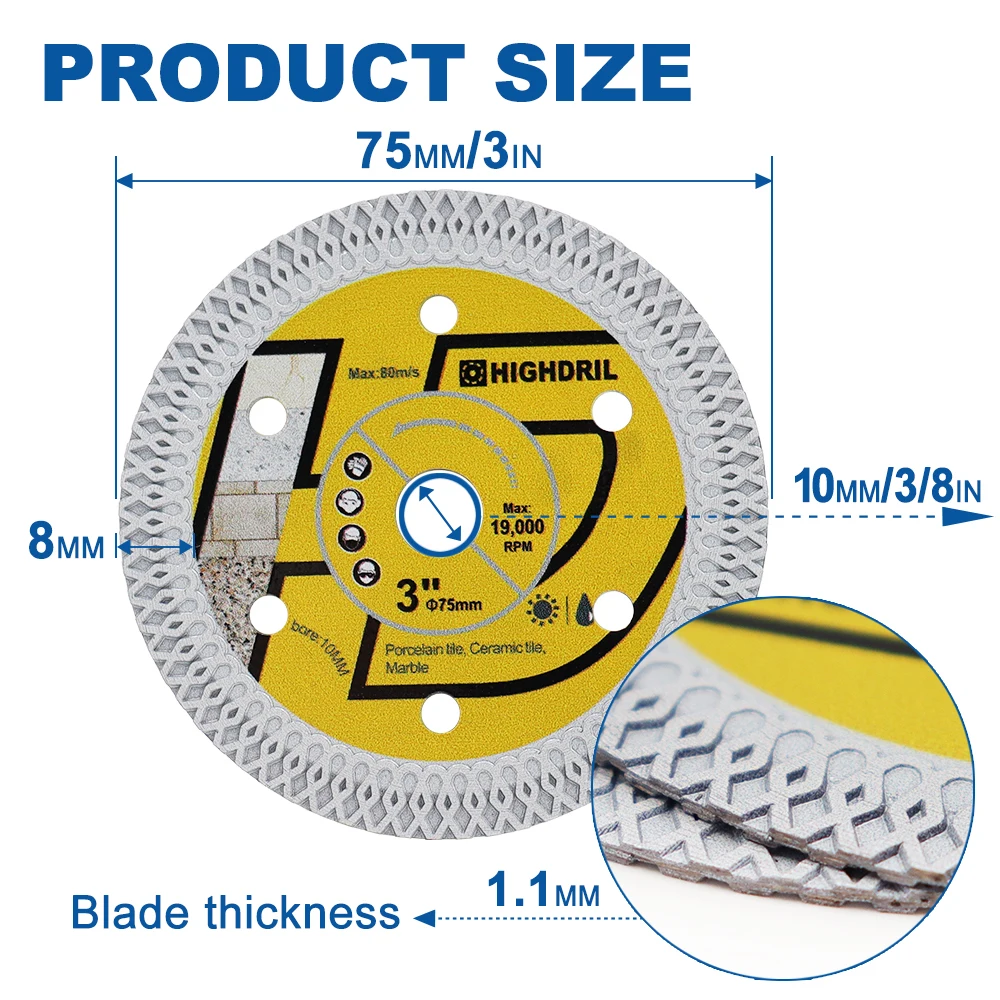 HIGHDRIL X Mesh 3 pulgadas 75mm Mini Sierra BladeTile disco de corte de mármol cerámica porcelana granito acero cobre madera Circular