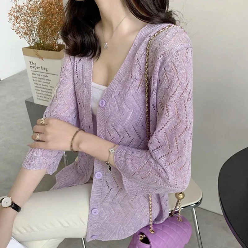 

Fashion V-Neck Solid Color Knitted Hollow Out Shirts Women's Clothing 2025 Summer New Loose Casual Tops All-match Blouses