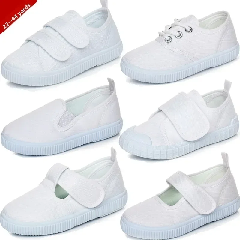 

Белые тканевые туфли для мальчиков, детские танцевальные туфли, мужские туфли с мягкой подошвой, противоскользящие, простые, из холщовой ткани, однотонные белые туфли для девочек.