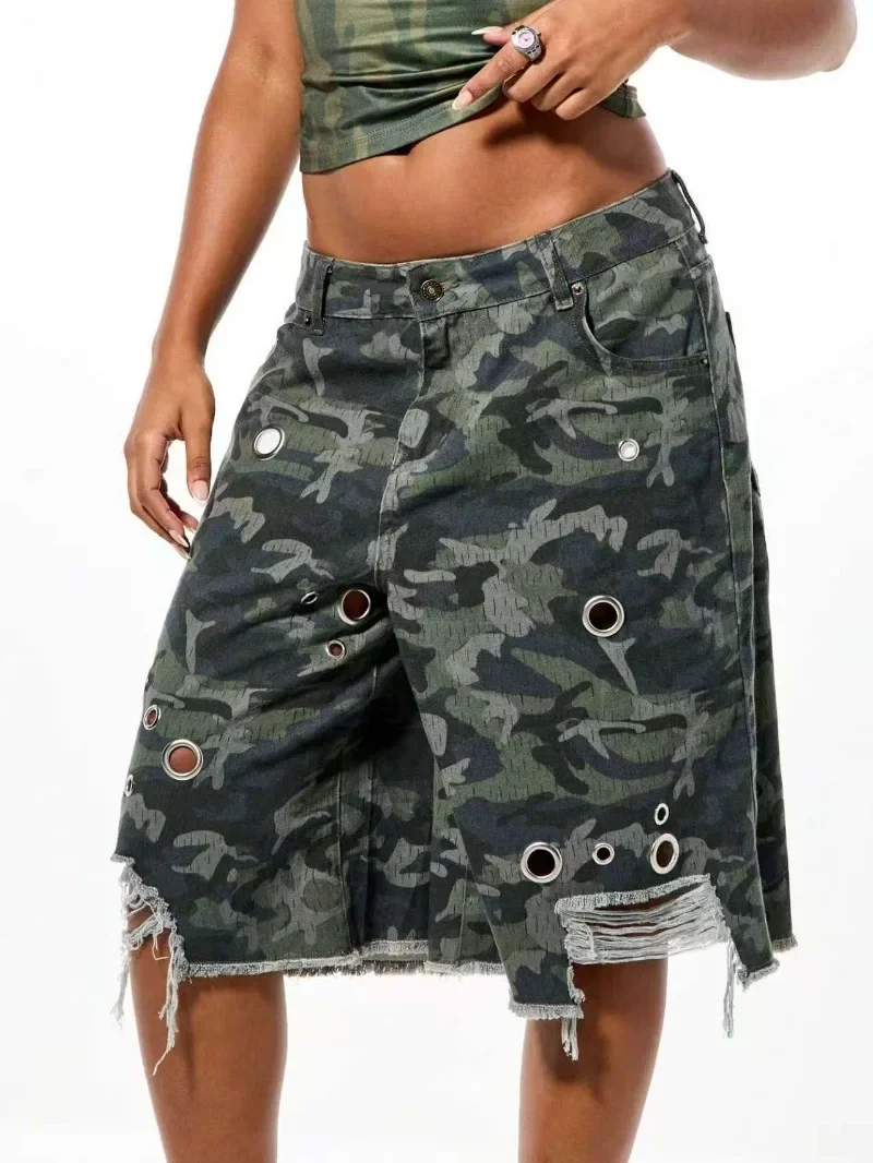 

GUWU Fashion Women's Eyelet Camouflage Ripped Denim Five-point Shorts