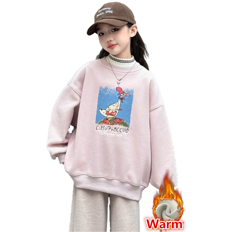 Baju hangat anak perempuan, atasan Pullover anak-anak Korea musim dingin 2024, Sweatshirt longgar, pakaian kartun hangat anak-anak, pakaian luar 5-14 tahun