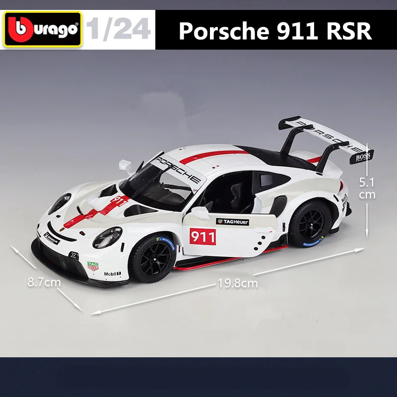 Bburago-Modèle de voiture de course Porsche 911 RSR en alliage moulé sous pression, jouet en métal, modèle de voiture de sport, haute simulation,