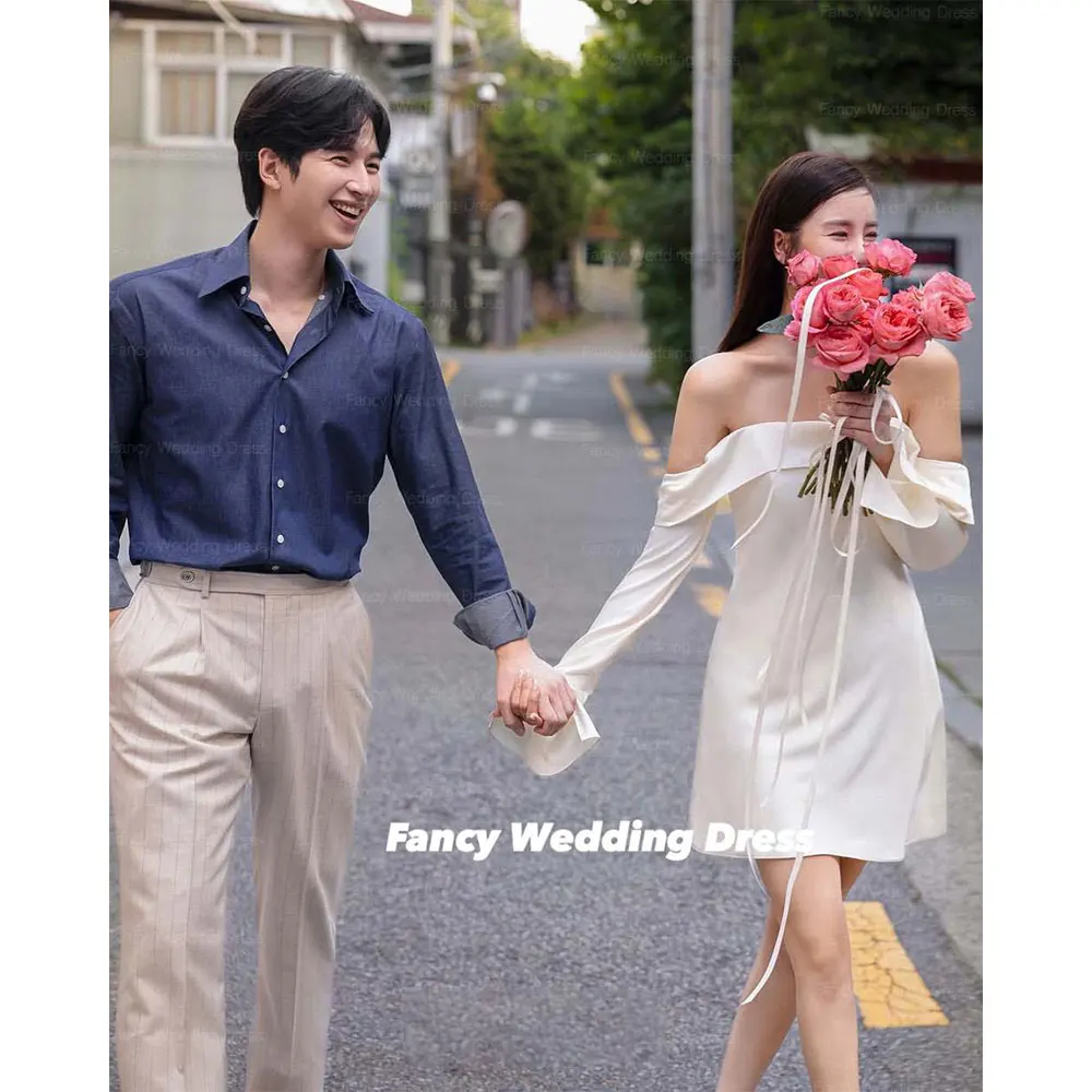 Fancy Simple Off Shoulder Wedding Dress A Line Soft Satin Evening Gown Long Sleeve Mini Prom Gown Back Zip Customized