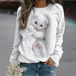 2024 Summer Women's Fashion Casual T-shirt Top Cute Cat 3D Digital Print Loose Long Sleeve Round Neck Street Sportswear