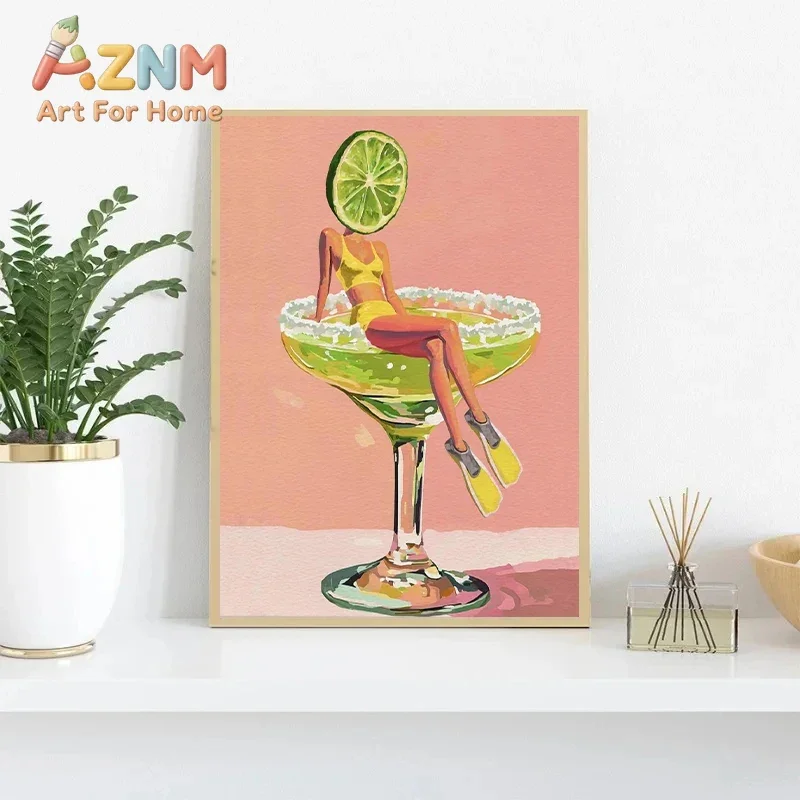 Coffee Martini Cocktail Margarita Drink Girl Jumping Into Wine Glass Fun Poster Canvas Printing Wall Art Bar Club Kitchen Decor