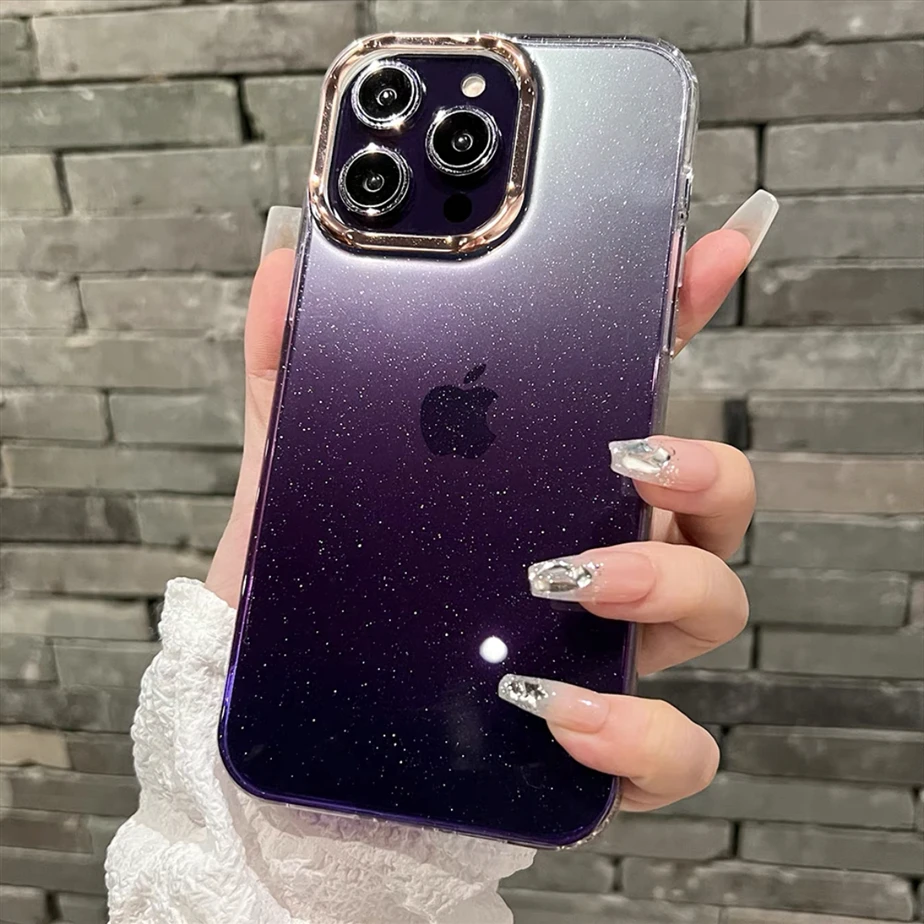 Luxury Gradient Glitter Plating Clear Phone Case For iPhone 16 Pro Max 15 14 13 12 11 Plus Fashion Soft Shockproof Cover