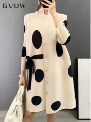 GVUW Stand Collar Pleated Dress 2024 Autumn Single Breasted Drawstring Dot Printing Festival Clothing Women Elegant 25D1062