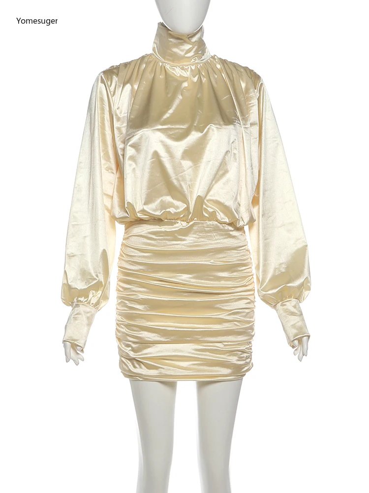Yomesugar Sexy Silky Satin Pleated Mini Dress Woman Autumn Trend Turtleneck Full Sleeve Backless Skinny Vestidos Party Clubwear