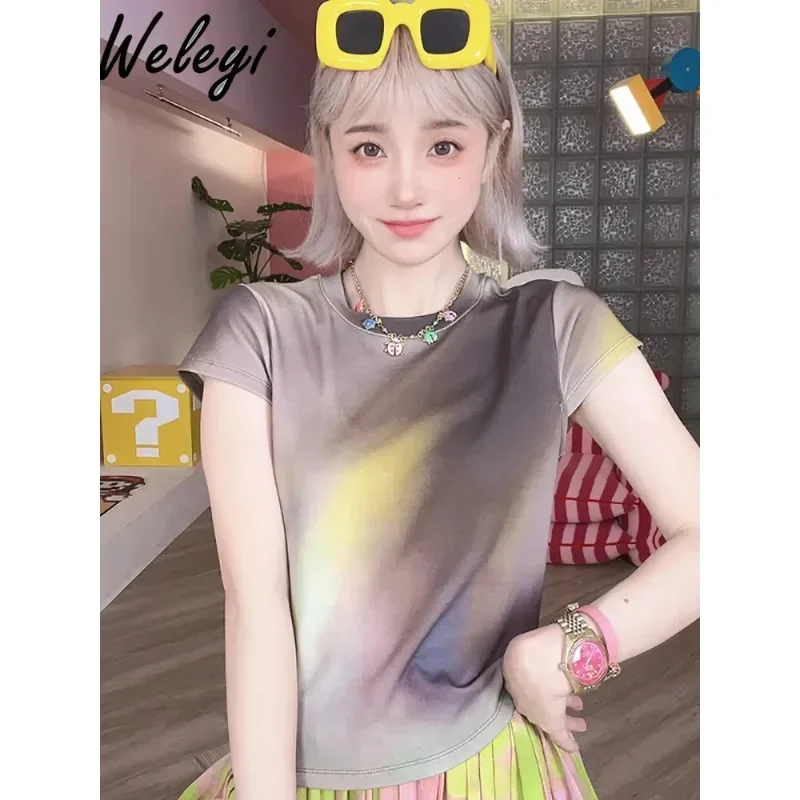 

Cute Korea Fashion Koszulki Women's 2024 Summer Dopamine Wear Short Sleeve Shoulder College Style Sweet All Matching T-shirt Top