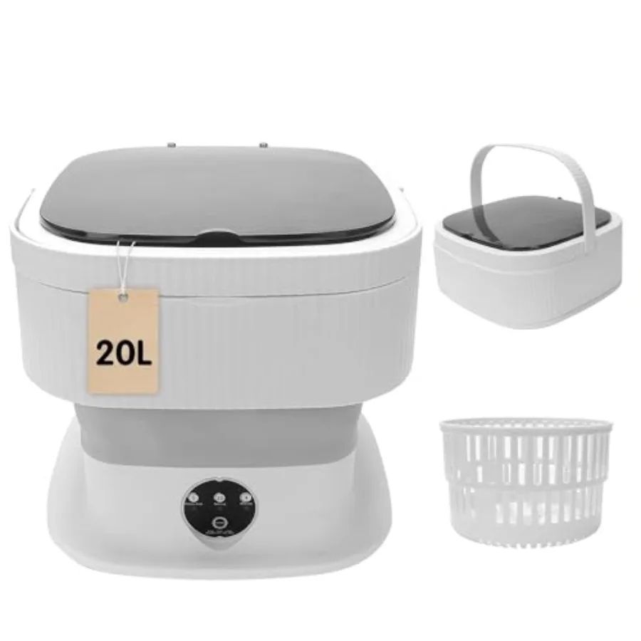 Portable washing machine for dorms, apartments, RVs and camping; grey polypropylene; compact foldable design with 20L capacity