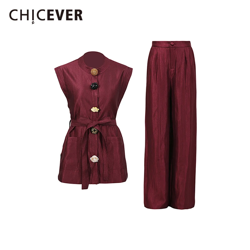 

CHICEVER Solid Spliced Single Breasted Two Piece Set Female Turtleneck Sleeveless Shirt High Waist Women's Pants Sets Summer New