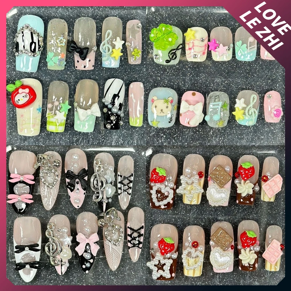 10Pcs Kawaii Sanrio Hello Kitty Handmade Press On Nails 3D Flower French Almond Ballerina Quadrate Diamond Star Heart Fake Nails