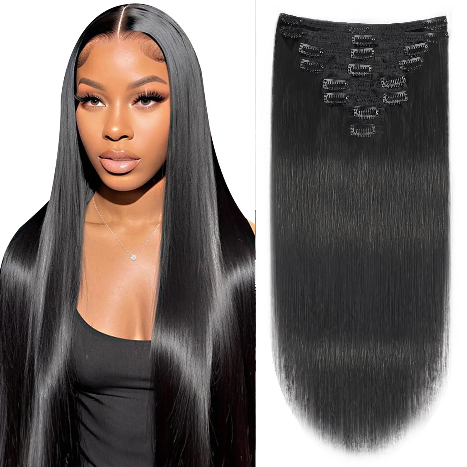 Clipe reto em extensões de cabelo para mulheres, cabelo humano real, clipe sem costura no cabelo, cabelo remy, natural, # 1B