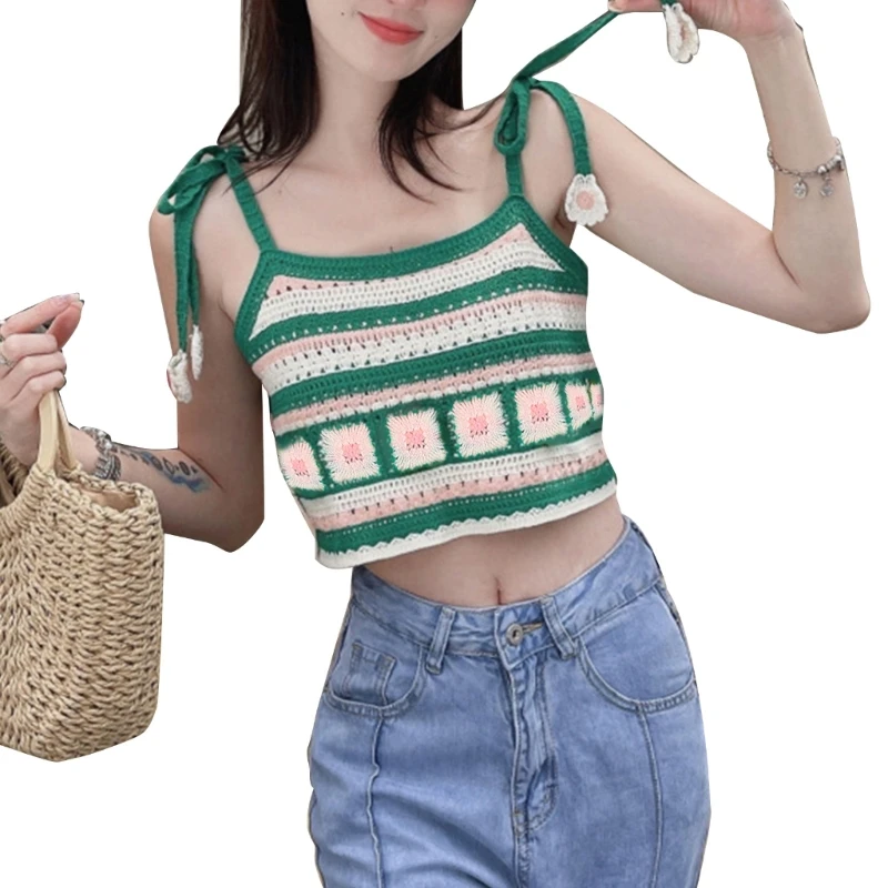 Women Crochet Sleeveless Tie Shoulder Strap Vest Contrast Color Striped 3D Floral Loose Beach Camisole Crop for  Top